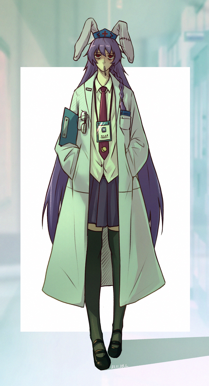 1girl absurdres bags_under_eyes bangs black_legwear blue_skirt braid buttons cigarette closed_mouth collared_shirt dated english_commentary expressionless eyewear_in_pocket full_body hands_in_pockets hat highres id_card labcoat long_hair long_sleeves looking_at_viewer mouth_hold necktie notepad nurse_cap pen_in_pocket pleated_skirt pocket purple_hair red_eyes red_necktie red_neckwear reisen_udongein_inaba ringed_eyes royl shadow shirt single_braid skirt solo standing thigh-highs touhou white_shirt wing_collar