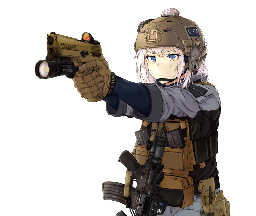 1girl absurdres assault_rifle blue_eyes blue_shirt brown_gloves chin_strap clov3r commentary gloves grey_jacket gun h&amp;k_hk416 handgun helmet highres holster jacket korean_commentary load_bearing_vest magazine_(weapon) military mixed-language_commentary original parted_lips pink_hair pistol rifle scope shirt short_hair sig_sauer simple_background solo sweat tactical_clothes weapon weapon_request white_background