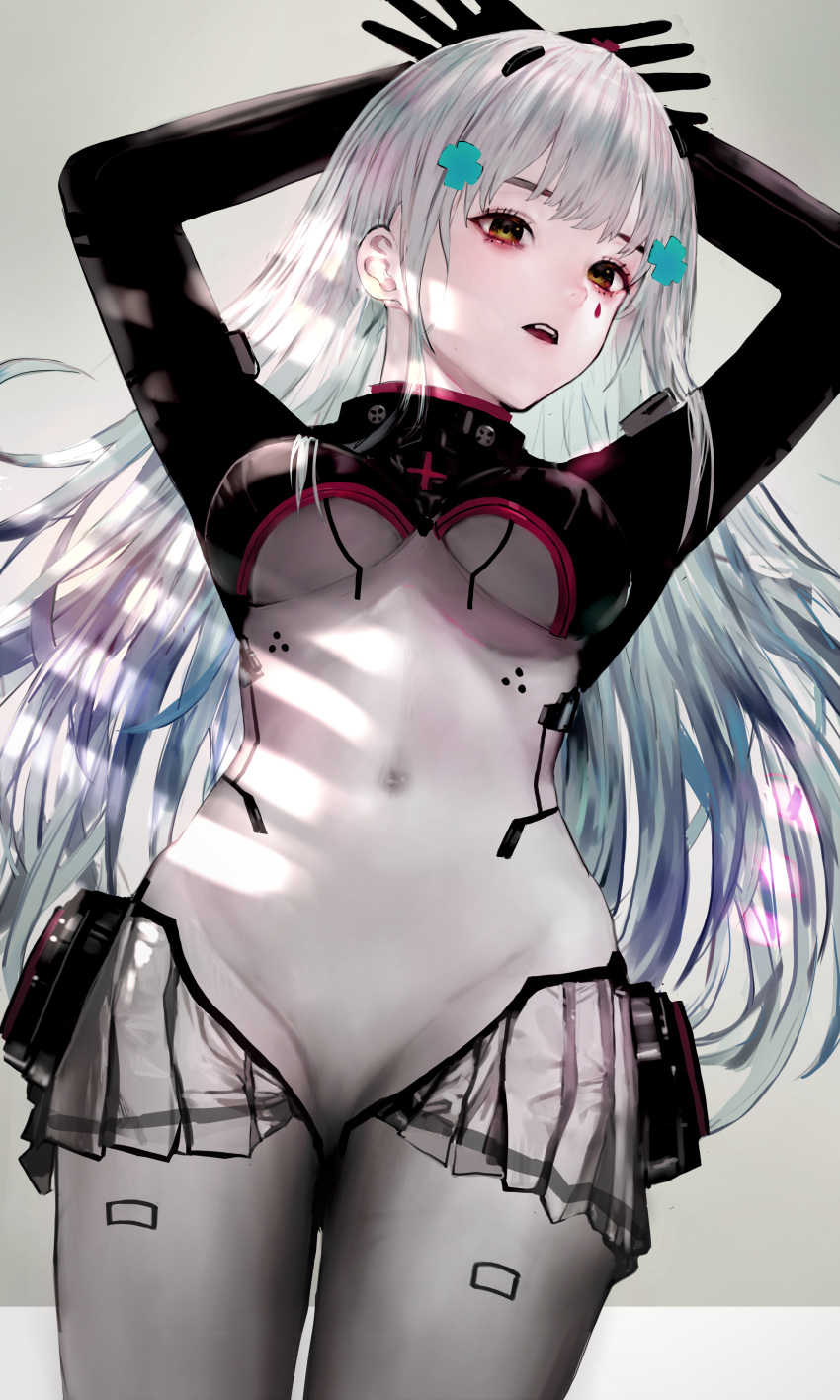 1girl absurdres ah_(pixiv62888100) arms_behind_head bangs bodysuit breasts covered_navel eyebrows_visible_through_hair feet_out_of_frame from_above girls_frontline green_eyes hair_between_eyes hair_ornament hairclip highres hk416_(girls'_frontline) light_blue_hair long_hair looking_at_viewer medium_breasts multicolored_bodysuit multicolored_clothes open_mouth skin_tight solo standing teardrop_facial_mark teardrop_tattoo
