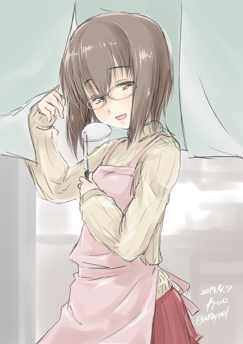 1girl alternate_costume apron beige_sweater bespectacled brown_eyes brown_hair cowboy_shot fyuo glasses highres kantai_collection ladle looking_at_viewer noren one-hour_drawing_challenge pink_apron red_skirt ribbed_sweater short_hair skirt smile solo sweater taihou_(kancolle)