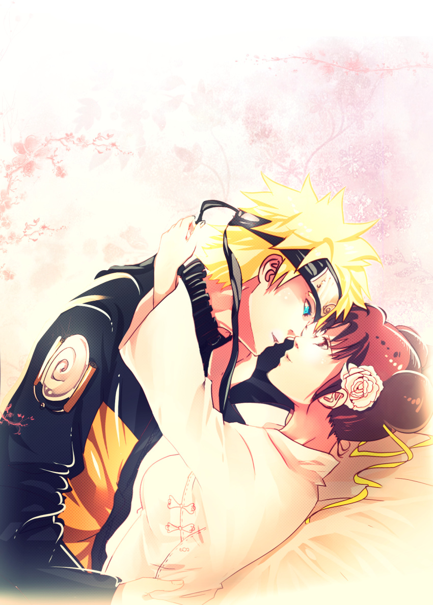 1boy 1girl arm_up arms_around_neck bangs black_headband black_jacket blonde_hair blue_eyes blush breasts brown_eyes brown_hair cherry_blossoms china_dress chinese_clothes couple double_bun dress eye_contact flower forehead_protector hair_flower hair_ornament hair_ribbon hair_tie happy headband hetero highres hug imminent_kiss iviscond jacket konohagakure_symbol long_sleeves looking_at_another lying multicolored_clothes multicolored_jacket naruto_(series) naruto_shippuuden on_back orange_jacket parted_lips pink_background ribbon smile spiky_hair tenten_(naruto) tree uzumaki_naruto zipper