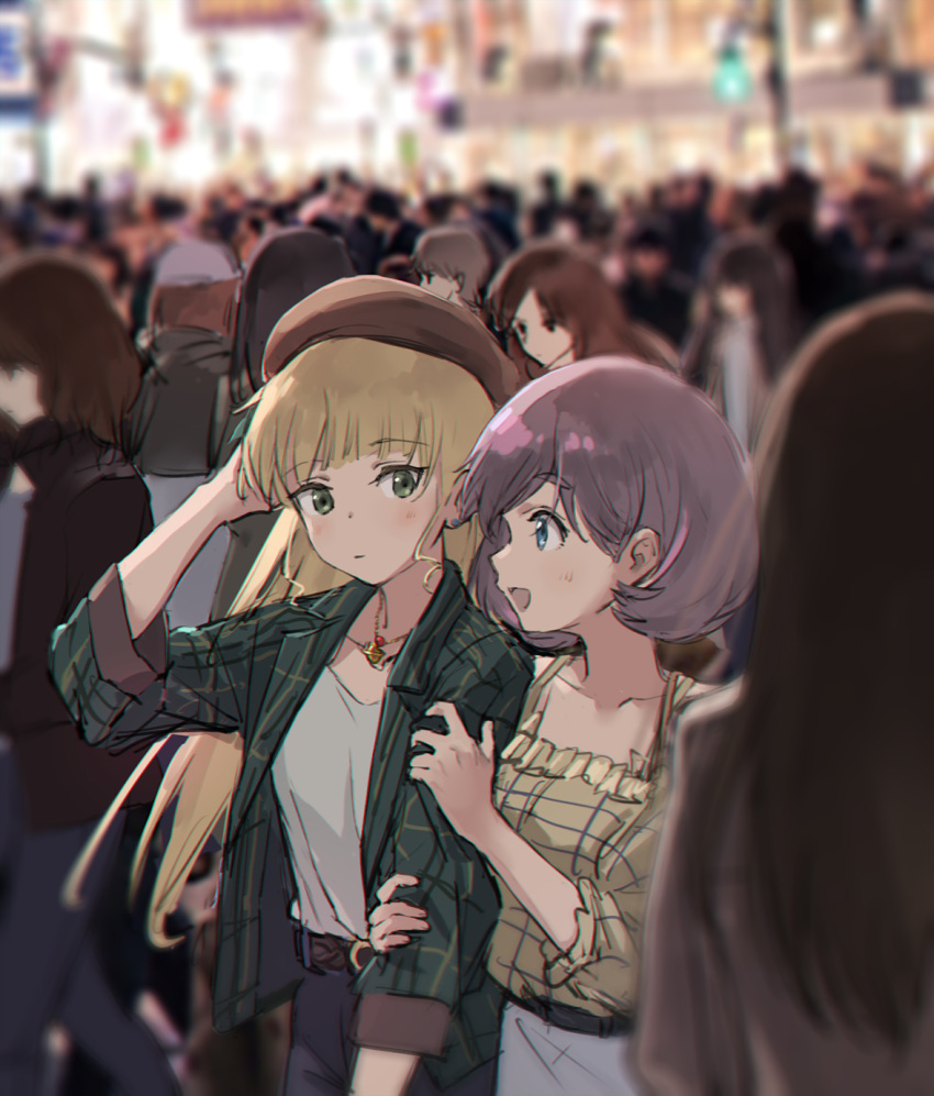 2girls beret blurry blurry_background denim earrings eyebrows_visible_through_hair hat heanna_sumire highres jeans jewelry kisetsu love_live! love_live!_superstar!! multiple_girls necklace pants plaid tang_keke