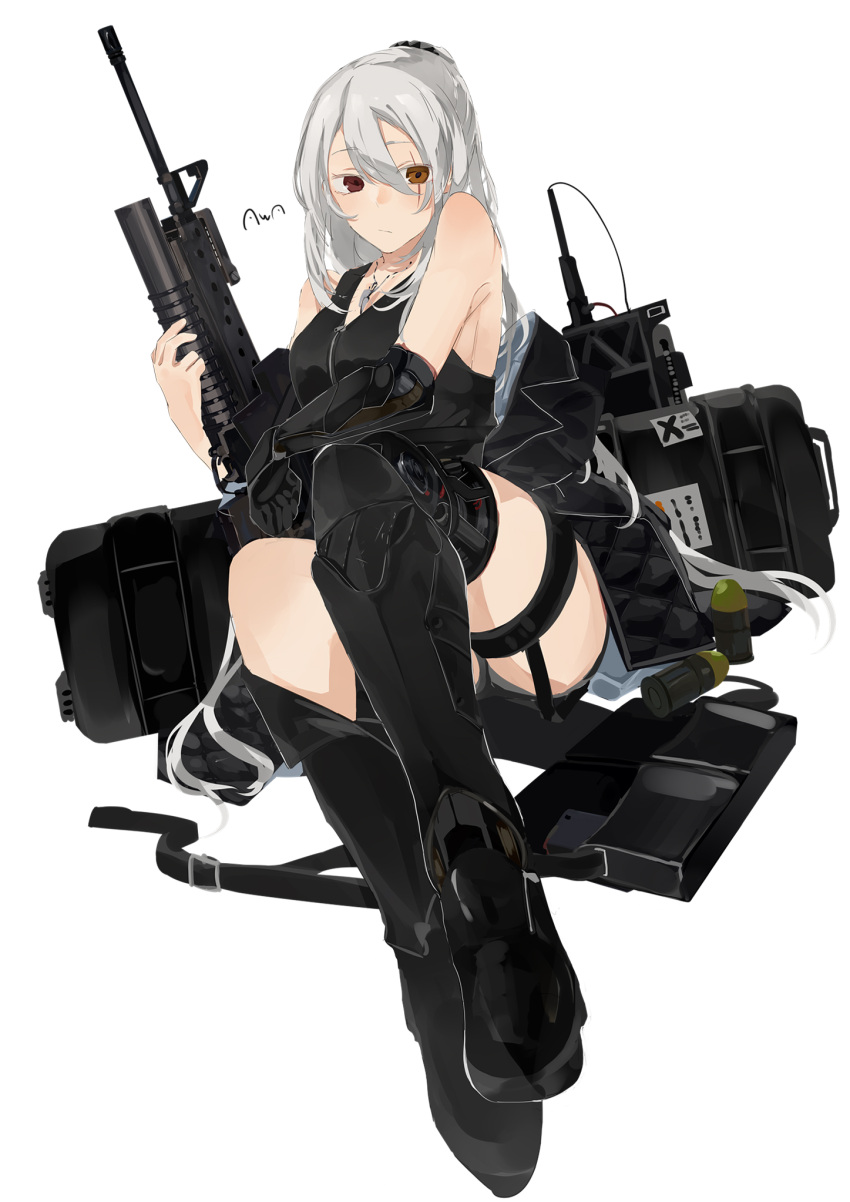 1girl artist_name assault_rifle bangs bare_shoulders black_footwear black_jacket black_shirt boots breasts brown_eyes closed_mouth explosive expressionless eyebrows_visible_through_hair full_body girls_frontline grenade grenade_launcher gun hair_between_eyes hair_ornament hairclip heterochromia highres holding holding_gun holding_weapon jacket jacket_removed jewelry long_hair looking_at_viewer m16 m203 mechanical_arms mechanical_legs medallion necklace off-shoulder_shirt off_shoulder on_floor original ponytail red_eyes rifle scar scar_across_eye shirt silver_hair single_mechanical_arm single_mechanical_leg solo sutekina_awa thighs underbarrel_grenade_launcher weapon weapon_case white_background