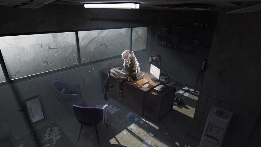 1girl armband black_footwear black_jacket black_legwear boots chair commission english_commentary girls_frontline grey_hair h&amp;k_ump45 highres indoors jacket long_sleeves monitor office_chair one_side_up pantyhose persocon93 sitting sitting_on_table solo table ump45_(girls'_frontline) window