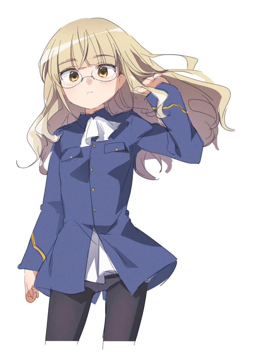 1girl ascot bangs black_legwear blunt_bangs breasts brown_eyes closed_mouth cropped_legs eyebrows_visible_through_hair glasses hand_in_hair highres kyuuri_(miyako) light_brown_hair long_hair long_sleeves military military_uniform panties panties_under_pantyhose pantyhose perrine_h._clostermann simple_background sketch small_breasts solo strike_witches underwear uniform white_ascot white_background world_witches_series