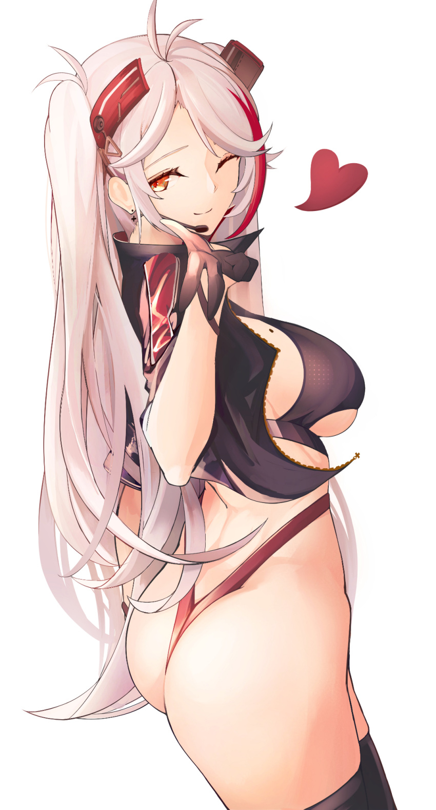 1girl ass azur_lane breasts clothing_cutout cropped_shirt earpiece earrings from_side gloves half_gloves headgear heart highres jacket jewelry large_breasts long_hair midriff mole mole_on_breast multicolored_hair official_alternate_costume one_eye_closed open_clothes open_jacket panties prinz_eugen_(azur_lane) prinz_eugen_(final_lap)_(azur_lane) purple_jacket racequeen red_panties redhead simple_background solo standing streaked_hair thigh-highs two-tone_hair under_boob underboob_cutout underwear very_long_hair white_background white_hair yellow_eyes yusha_m zettai_ryouiki
