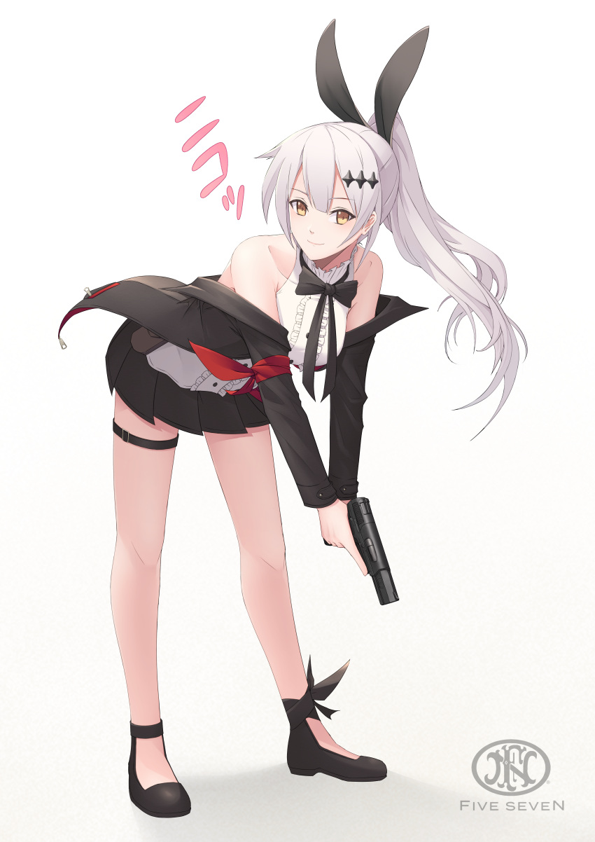 1girl absurdres animal_ears bangs bare_legs bent_over black_bow black_bowtie black_footwear black_jacket black_skirt bow bowtie closed_mouth commission dress_shirt eyebrows_visible_through_hair fake_animal_ears five-seven_(girls'_frontline) floating_hair full_body girls_frontline gun hair_between_eyes hair_ornament handgun high_ponytail highres holding holding_gun holding_weapon jacket long_hair long_sleeves looking_at_viewer miniskirt open_clothes open_jacket pleated_skirt rabbit_ears shirt silver_hair simple_background skirt sleeveless sleeveless_shirt smile solo standing sthreep thigh_strap very_long_hair weapon white_background white_shirt yellow_eyes