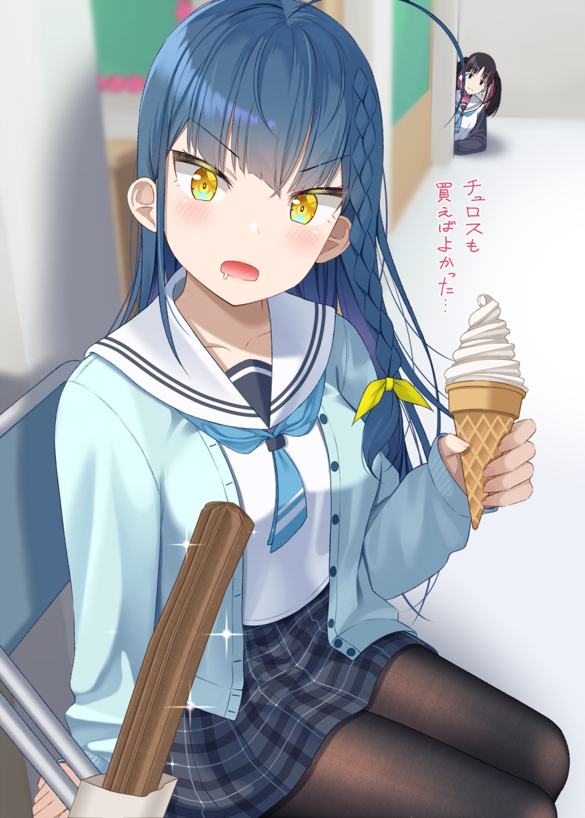 2girls ahoge bangs black_hair black_legwear blue_cardigan blue_hair blurry blurry_background blush braid cardigan commentary_request depth_of_field drooling eyebrows_visible_through_hair food grey_skirt gurande_(g-size) hair_ribbon highres holding holding_food ice_cream ice_cream_cone indoors long_hair long_sleeves multicolored_hair multiple_girls on_chair open_cardigan open_clothes open_mouth original pantyhose pink_hair plaid plaid_skirt pleated_skirt ribbon sailor_collar saliva school_uniform serafuku shirt single_braid sitting skirt sleeves_past_wrists soft_serve solo_focus sparkle translated twintails two-tone_hair v-shaped_eyebrows very_long_hair white_sailor_collar white_shirt yellow_eyes yellow_ribbon