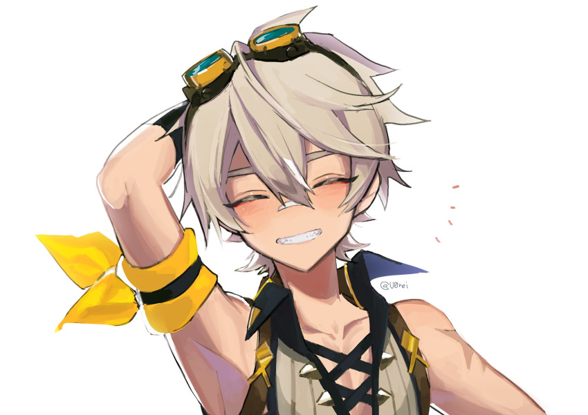 1boy arm_behind_head arm_scarf arm_up bandaid bandaid_on_nose bangs bennett_(genshin_impact) blush closed_eyes genshin_impact goggles goggles_on_head grey_hair grin hair_between_eyes highres male_focus scar scar_on_arm simple_background sleeveless smile solo symbol-only_commentary twitter_username u0rei upper_body