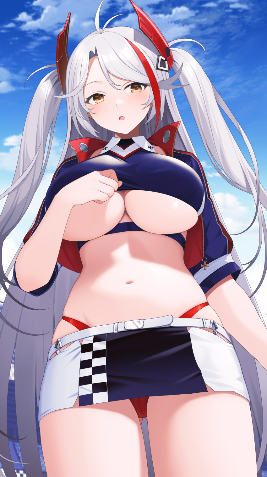 1girl absurdres antenna_hair azur_lane belt bikini black_bikini breasts clothing_cutout cowboy_shot cropped_shirt earpiece gloves half_gloves highres jacket looking_at_viewer mole multicolored_hair official_alternate_costume panties panty_straps prinz_eugen_(azur_lane) prinz_eugen_(final_lap)_(azur_lane) purple_jacket racequeen red_panties redhead sakamotono silver_hair solo streaked_hair swimsuit two-tone_skirt two_side_up under_boob underboob_cutout underwear white_belt