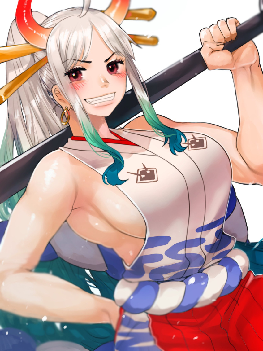 1girl ahoge aqua_hair armpits bare_arms bare_shoulders blush breasts brown_eyes club_(weapon) cowboy_shot curled_horns dutch_angle earrings eyebrows_visible_through_hair green_hair grey_hair grin hair_ornament hair_stick hakama hand_on_hip hand_up high_ponytail highres holding holding_weapon horns japanese_clothes jewelry kimono large_breasts long_hair looking_at_viewer lostdog121 multicolored_hair multicolored_horns one_piece oni over_shoulder red_horns rope shimenawa sideboob sidelocks sleeveless sleeveless_kimono smile solo v-shaped_eyebrows very_long_hair weapon weapon_over_shoulder yamato_(one_piece)