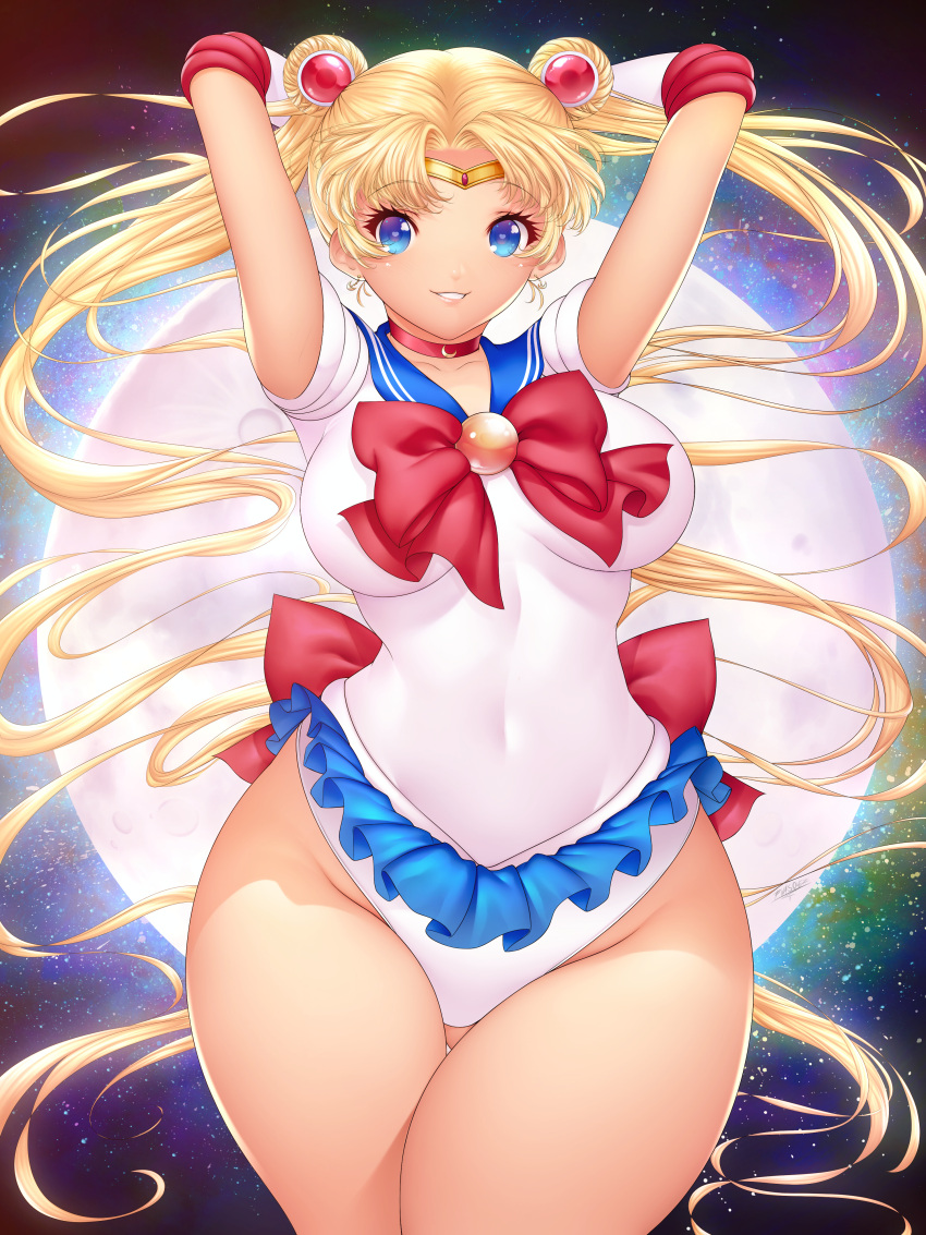 1girl absurdres arms_behind_head bangs bishoujo_senshi_sailor_moon blonde_hair blue_eyes bow breasts choker covered_navel cowboy_shot curvy double_bun eyebrows_visible_through_hair forehead frilled_skirt frills full_moon gem highres juan_romero leotard long_hair magical_girl moon parted_bangs parted_lips plump red_bow red_choker sailor_moon sailor_senshi_uniform school_uniform serafuku skirt solo sparkle_background thick_thighs thigh_gap thighs tiara tsukino_usagi twintails very_long_hair wide_hips