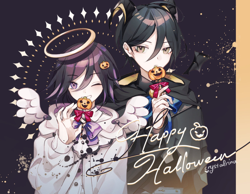 2boys candy danganronpa_(series) danganronpa_v3:_killing_harmony english_text eyelashes food hair_between_eyes halloween halo highres hood horns long_sleeves male_focus multicolored_hair multiple_boys one_eye_closed ouma_kokichi pumpkin rina_(crystalrina) saihara_shuuichi short_hair streaked_hair wings