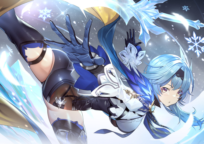 1girl absurdres ass bangs black_gloves black_hairband black_legwear black_leotard blue_cape blue_hair blue_neckwear blush breasts cape crystal_sword eula_(genshin_impact) genshin_impact gloves hair_ornament hairband highres jewelry large_breasts leotard long_sleeves looking_at_viewer medium_hair necktie open_mouth pendant sidelocks snowflakes solo sword teddy_(khanshin) thigh-highs thighs violet_eyes vision_(genshin_impact) weapon