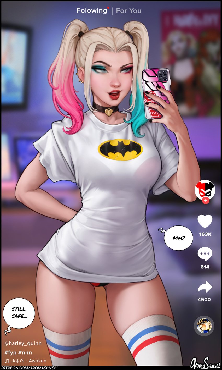 1girl absurdres aroma_sensei bangs batman_symbol bedroom blonde_hair blue_eyes breasts cellphone choker clothes_pull collar dc_comics ear_piercing harley_quinn highres lips lipstick makeup multicolored_hair nail_polish no_pants open_mouth panties panty_peek parted_bangs phone piercing pink_hair poison_ivy poster_(object) raised_eyebrows red_lips selfie shirt shirt_pull skindentation speech_bubble speed_lines t-shirt thick_lips thigh-highs thighs twintails underwear