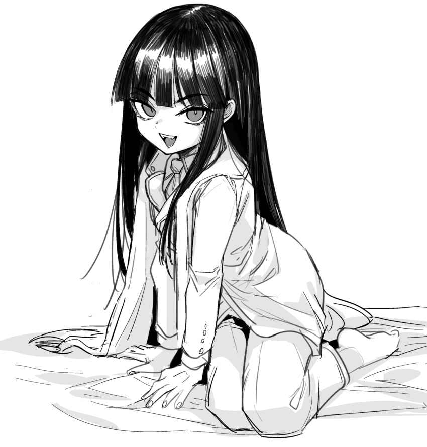 1girl alucard_(hellsing) flat_chest genderswap genderswap_(mtf) girlycard greyscale hellsing hellsing:_the_dawn highres jacket kanimura_ebio long_hair looking_at_viewer monochrome necktie open_mouth sitting sketch smile solo teeth vampire