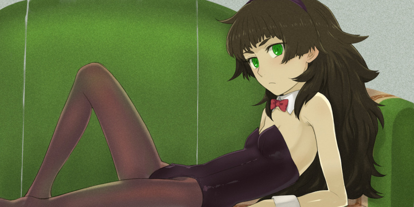 1girl ahoge arm_support armpit_crease bangs bare_shoulders black_leotard blunt_bangs bow bowtie brown_hair brown_legwear collarbone couch detached_collar feet_out_of_frame flat_chest frown green_eyes highres hime_cut hiyajou_maho indoors leotard long_hair looking_at_viewer lying menomorute on_back pantyhose playboy_bunny red_bow ringed_eyes short_eyebrows sidelocks solo steins;gate steins;gate_0 wrist_cuffs