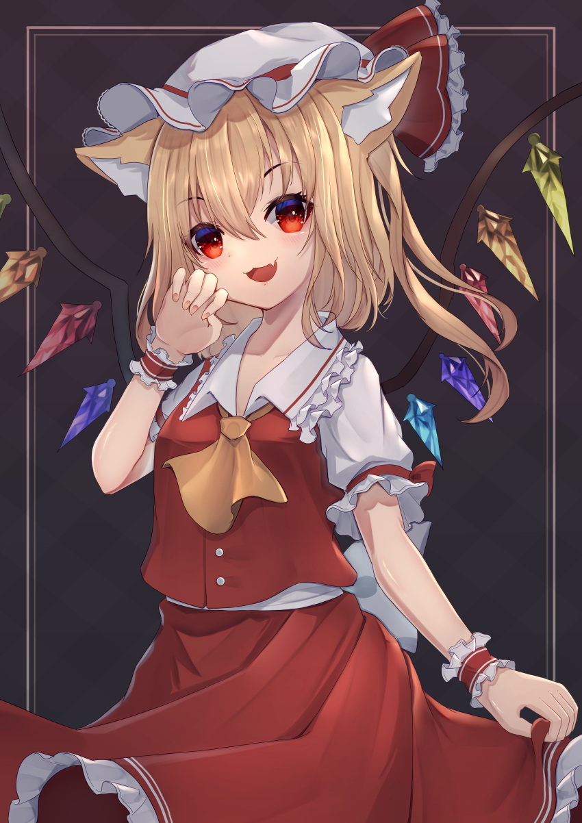 1girl :3 :d absurdres animal_ear_fluff animal_ears ascot bell black_background blonde_hair border cat_ears cat_tail choker commentary_request crystal dress fang flandre_scarlet frilled_shirt_collar frilled_skirt frills hair_between_eyes highres hinata_(user_rjkt4745) jingle_bell kemonomimi_mode looking_at_viewer multicolored_wings one_side_up open_mouth paw_pose puffy_short_sleeves puffy_sleeves red_choker red_dress red_eyes red_ribbon red_skirt red_vest ribbon short_sleeves side_ponytail simple_background skirt smile solo tail tongue touhou vest wings wrist_cuffs