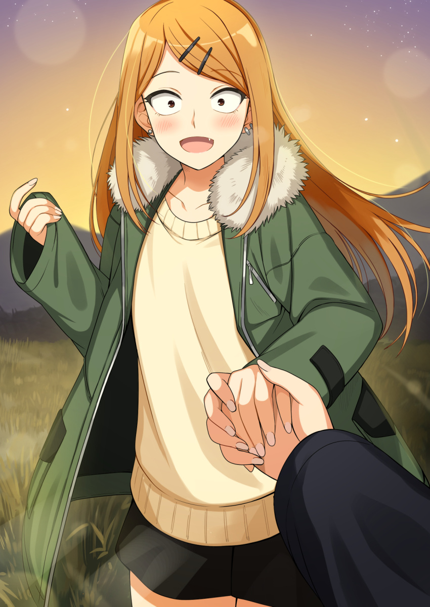 1girl blonde_hair blush breasts brown_eyes commission commissioner_upload constricted_pupils dagashi_kashi day ear_piercing earrings endou_saya eyebrows_visible_through_hair fang hair_ornament hairclip highres holding_hands jewelry long_hair looking_at_viewer multiple_piercings open_mouth outdoors oversized_clothes parka piercing pov sanpaku skirt sky small_breasts smile solo wara_(warapro)