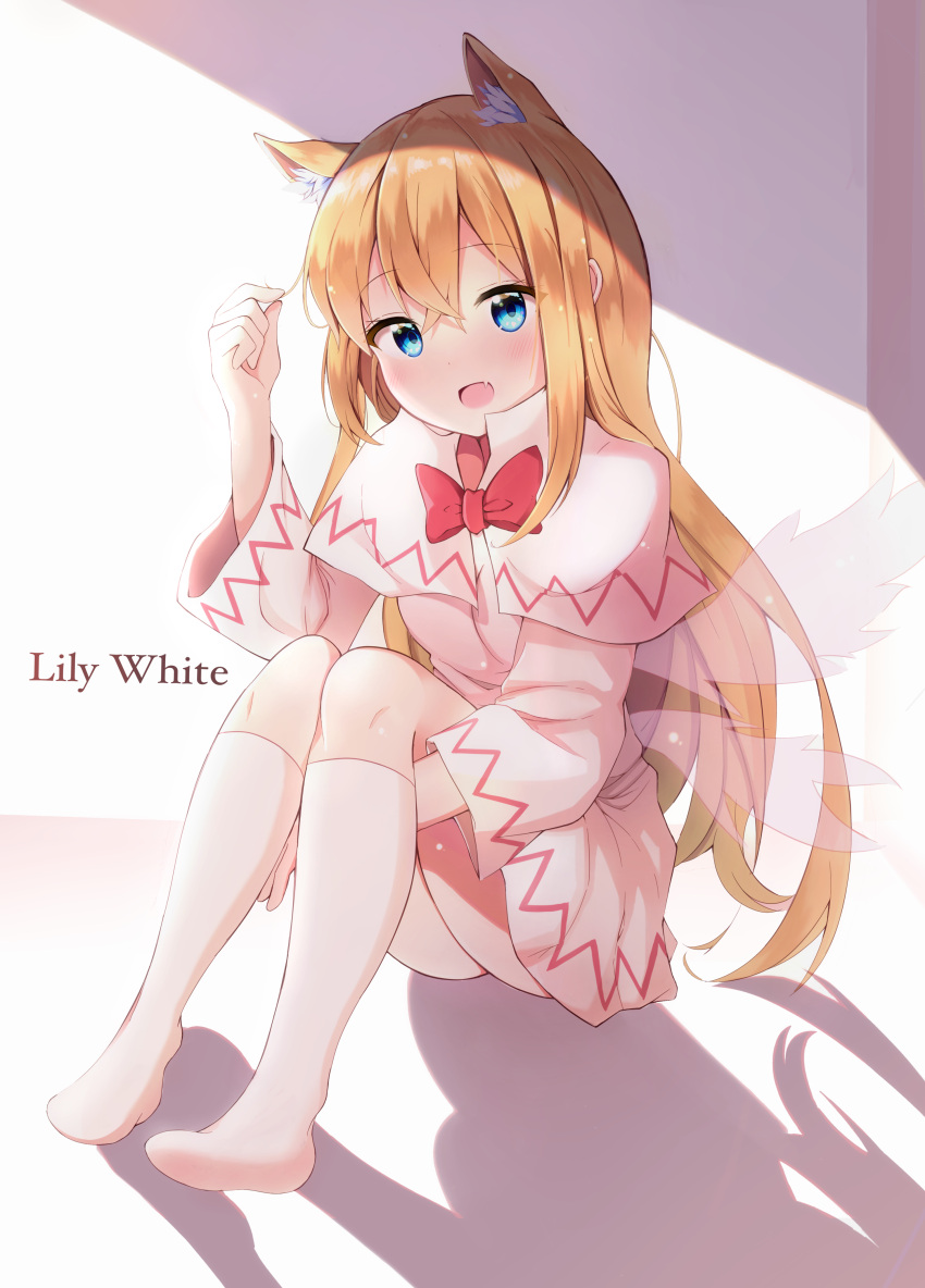 1girl :d absurdres animal_ear_fluff animal_ears ass_visible_through_thighs bangs blonde_hair blue_eyes bow bowtie cat_ears crossed_bangs curled_fingers extra_ears eyebrows_visible_through_hair fairy_wings fang full_body hair_between_eyes hand_up highres kneehighs knees_together_feet_apart lily_white long_hair long_sleeves looking_at_viewer no_shoes open_mouth red_bow red_bowtie see-through shadow sitting skin_fang smile touhou utekiro white_legwear wide_sleeves wings