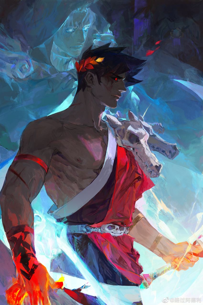 1boy absurdres animal_skull bare_pectorals black_hair black_sclera blood colored_sclera cuts fighting_stance flaming_hand from_side glowing glowing_eye greek_clothes hades_(game) highres hood hood_up injury looking_to_the_side luguoadeli_(weibo5263688910) male_focus muscular muscular_male nipples pectorals red_eyes sash short_hair sideburns single_bare_shoulder solo_focus spirit thanatos_(hades) weibo_logo weibo_username zagreus_(hades)