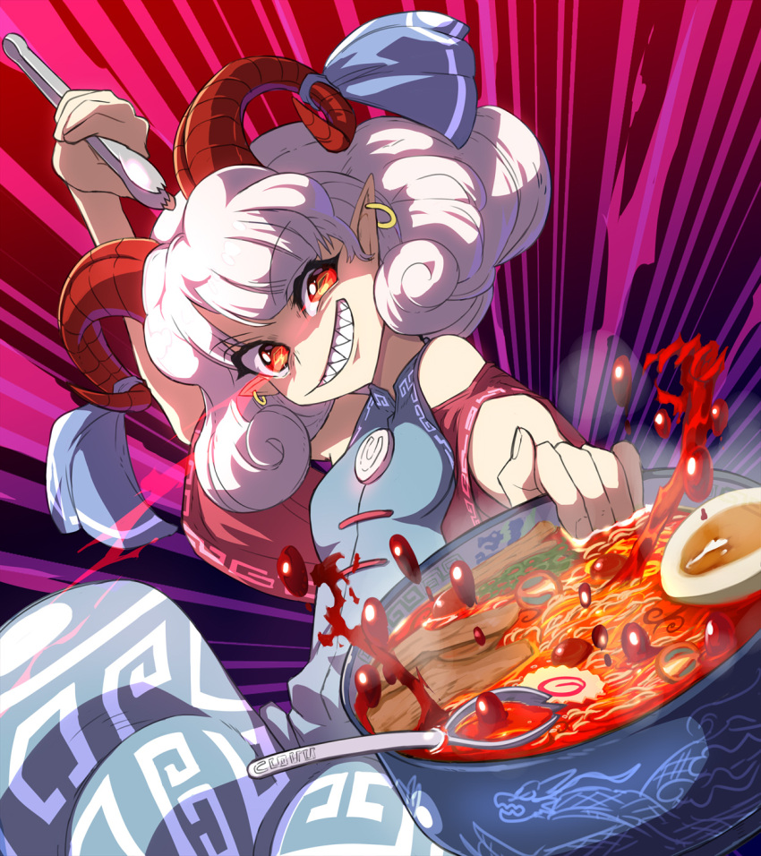 bare_shoulders blue_dress blue_ribbon bowl curly_hair detached_sleeves dragon dress earrings egg food glowing glowing_eyes grin hand_up highres holding holding_bowl holding_food horizontal_pupils horn_ornament horn_ribbon horns jewelry looking_at_viewer noodles orange_eyes pointy_ears ramen red_eyes red_horns ribbon sharp_teeth sheep_horns shope smile spicy spork teeth tongs touhou toutetsu_yuuma white_hair