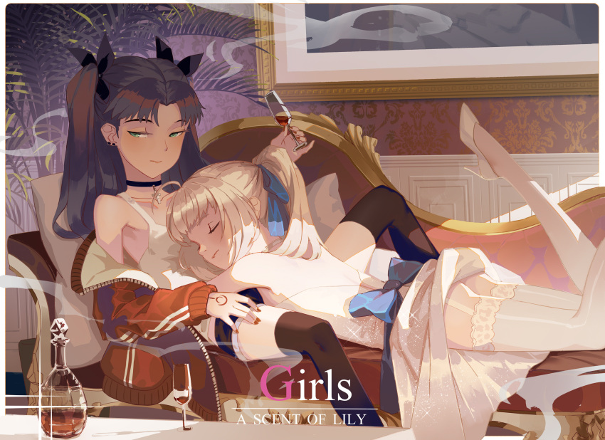 2girls ahoge alternate_costume artoria_pendragon_(fate) backless_dress backless_outfit bare_shoulders black_choker black_legwear blonde_hair blue_ribbon blush border brown_hair champagne_flute choker closed_eyes command_spell cross cross_choker cup dress drinking_glass earclip english_text fate_(series) green_eyes highres jacket looking_at_viewer lying lying_on_person multiple_girls off_shoulder on_stomach open_clothes open_jacket picture_frame ponytail raised_eyebrows red_jacket red_nails ribbon saber saber_lily spread_legs tea_sly the_pose thigh-highs thighs tohsaka_rin white_border yuri