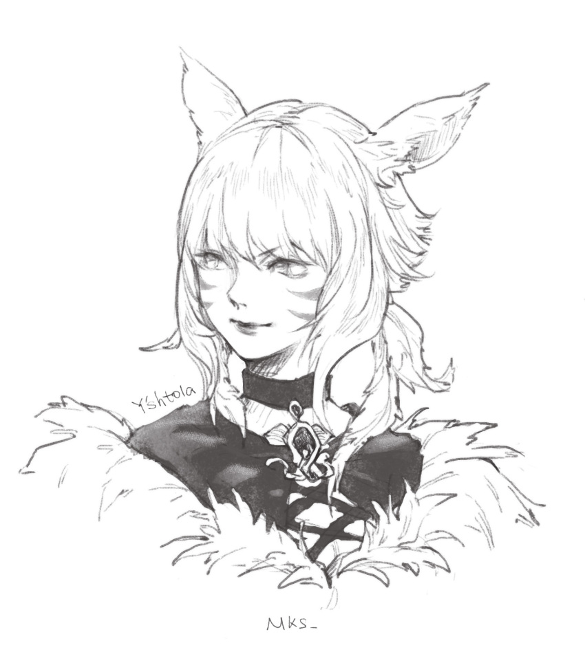 1girl animal_ears cat_ears character_name chinese_commentary choker closed_mouth commentary_request dress earrings facial_mark feather_earrings feathers final_fantasy final_fantasy_xiv fur-trimmed_dress fur_trim greyscale highres jewelry looking_to_the_side medium_hair miqo'te moksha_(nonreal) monochrome portrait simple_background solo whisker_markings white_background y'shtola_rhul