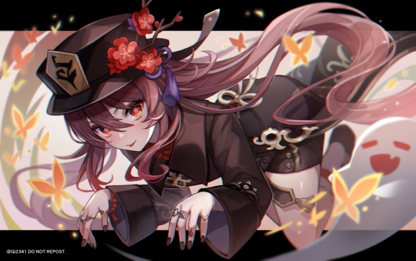 1girl black_nails black_shorts breasts brooch brown_hair chinese_clothes coat coattails collared_coat collared_shirt colored_tips flower flower-shaped_pupils genshin_impact ghost ghost_pose hat hat_flower hat_ornament highres hu_tao_(genshin_impact) jewelry multiple_rings plum_blossoms porkpie_hat qi2341 red_eyes red_shirt ring shirt shorts solo symbol-shaped_pupils tailcoat tassel thumb_ring twintails