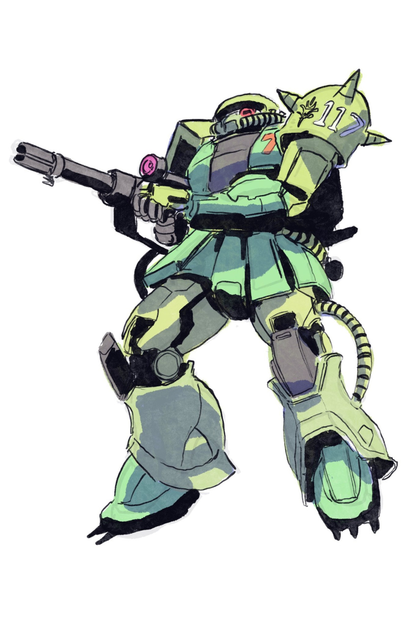 cable gun gundam highres holding holding_gun holding_weapon looking_up mecha mobile_suit mobile_suit_gundam no_humans one-eyed red_eyes science_fiction shoulder_spikes solo spikes the_count_of_s weapon white_background zaku_ii zeon