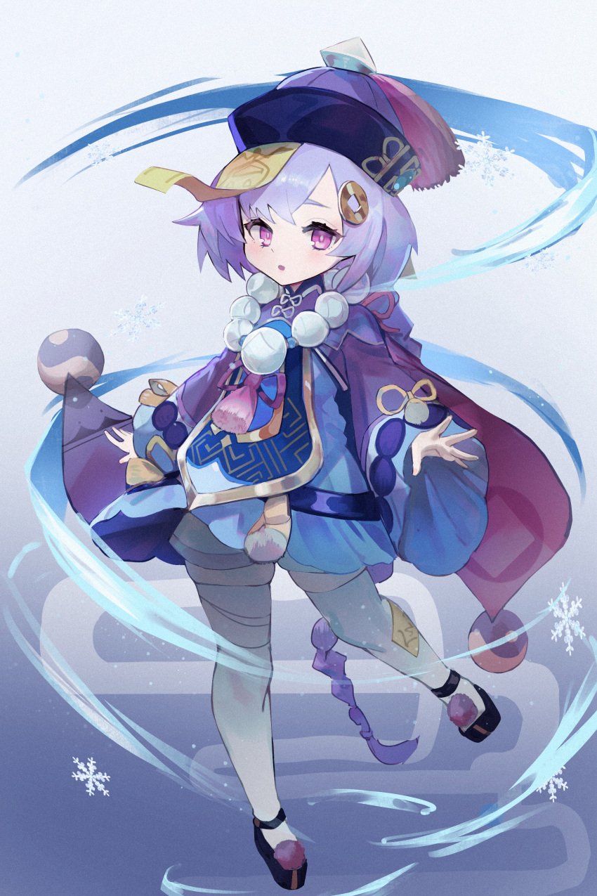 1girl :o absurdres bannouyakunta bead_necklace beads braid braided_ponytail chinese_clothes dress frilled_sleeves frills full_body genshin_impact hair_ornament half-closed_eyes highres jewelry jiangshi long_sleeves looking_at_viewer necklace open_mouth purple_hair qiqi_(genshin_impact) shorts talisman thigh-highs wide_sleeves
