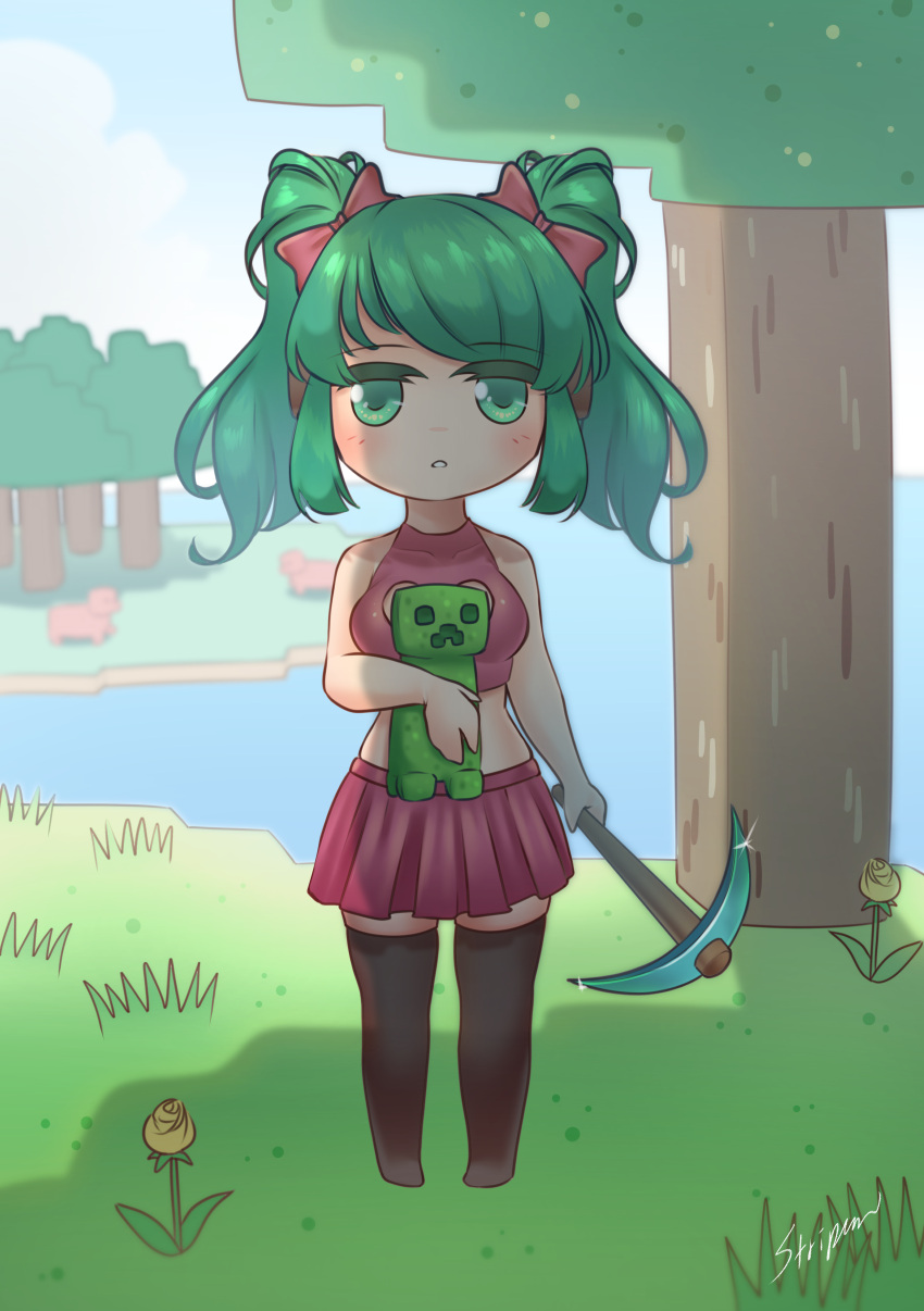 1girl absurdres animal chibi creeper cute day grass highres lake magicalmysticva minecraft mystic nature original outdoors pickaxe pig rose standing stripen_art tree twintails virtual_youtuber water