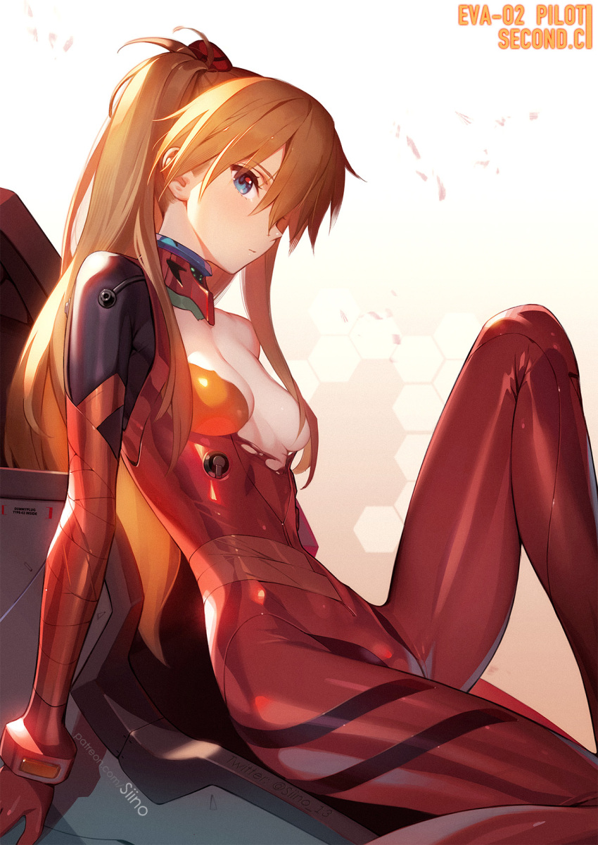 1girl bangs blue_eyes bodysuit breasts closed_mouth evangelion:_3.0_you_can_(not)_redo hairpods highres knee_up long_hair long_legs looking_at_viewer looking_to_the_side neon_genesis_evangelion orange_hair pilot_suit plugsuit rebuild_of_evangelion red_bodysuit shiny shiny_skin siino sitting small_breasts solo souryuu_asuka_langley thighs torn_bodysuit torn_clothes twintails two_side_up