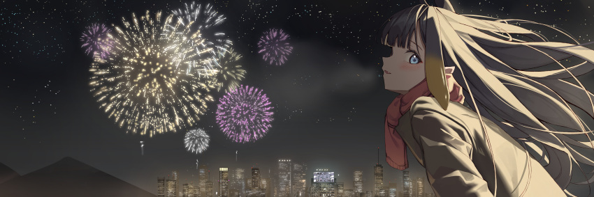 1girl absurdres beige_jacket black_hair fang fireworks floating_hair from_side highres hololive hololive_english leaning_forward long_hair night night_sky ninomae_ina'nis open_mouth paso_neko pointy_ears red_scarf scarf sky skyline solo star_(sky) starry_sky tako_(ninomae_ina'nis) tentacle_hair virtual_youtuber