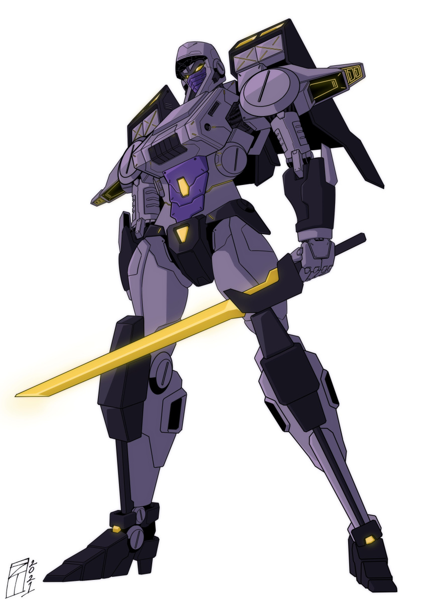 1girl absurdres commission decepticon english_commentary highres holding holding_sword holding_weapon lextodrawstuff looking_down mecha nightbird_(transformers) no_humans redesign science_fiction solo sword transformers weapon white_background yellow_eyes