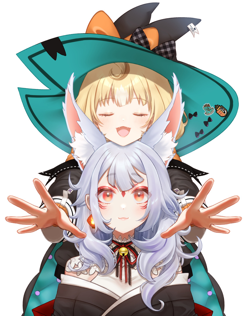 2girls :3 animal_ears bangs bell black_kimono blonde_hair blunt_bangs bow breasts chiro_mo_ni_yon choker closed_eyes colored_tips earrings eyeshadow facial_mark fangs fox_ears hat hat_bow head_on_head head_rest highres japanese_clothes jewelry kimono lantern lips long_hair looking_at_viewer makeup millie_parfait multiple_girls neck_bell nijisanji nijisanji_en nina_kosaka off-shoulder_kimono open_hands open_mouth orange_eyes outstretched_arms outstretched_hand paper_lantern reaching_out red_eyeshadow ribbon ribbon_choker short_hair silver_hair simple_background smile upper_body virtual_youtuber wavy_hair white_background white_hair witch_hat