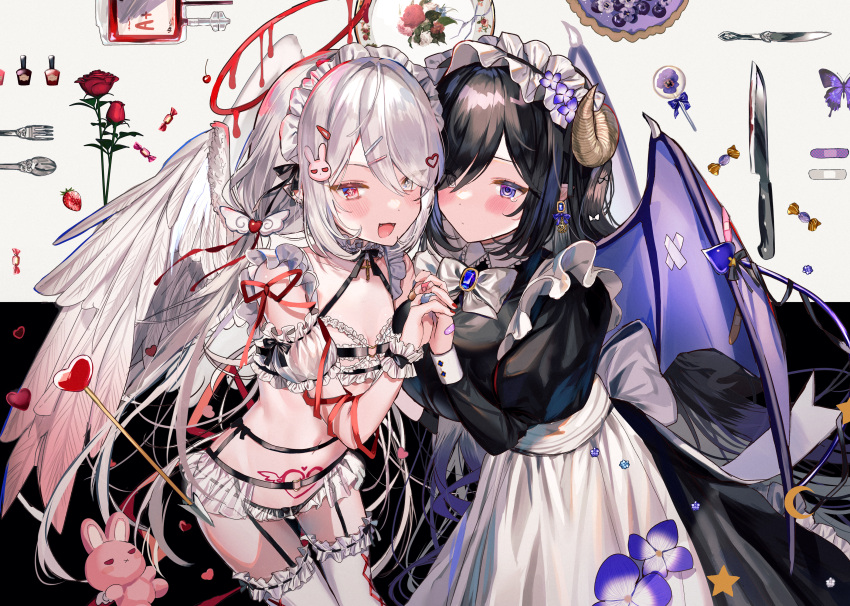 +_+ 2girls @_@ absurdres angel_wings apron arrow_(projectile) bandaid bandaid_on_hand bangs black_dress black_hair black_ribbon blood blood_bag blood_on_knife blue_eyes bow bowtie bra bug bunny_hair_ornament butterfly candy commentary crescent demon_horns demon_tail demon_wings detached_sleeves dress ear_piercing earrings eyes_visible_through_hair feathered_wings flower food fork frilled_hairband frilled_legwear frills hair_ornament hair_over_one_eye hairband halo heart heart_hair_ornament heterochromia highres holding_hands horns jewelry juliet_sleeves knife long_hair long_sleeves maid_headdress multicolored_hair multiple_girls nail_polish original panties piercing pointy_ears pubic_tattoo puffy_sleeves purple_butterfly purple_flower purple_hair red_eyes red_flower red_nails red_ribbon red_rose red_tulip ribbon rose short_sleeves silver_hair spoon star_(symbol) streaked_hair stuffed_animal stuffed_bunny stuffed_toy symbol-only_commentary tail tail_ornament tail_ribbon tattoo tearing_up thigh-highs tulip underwear very_long_hair white_apron white_background white_bow white_bowtie white_bra white_eyes white_legwear white_panties wings y_o_u_k_a