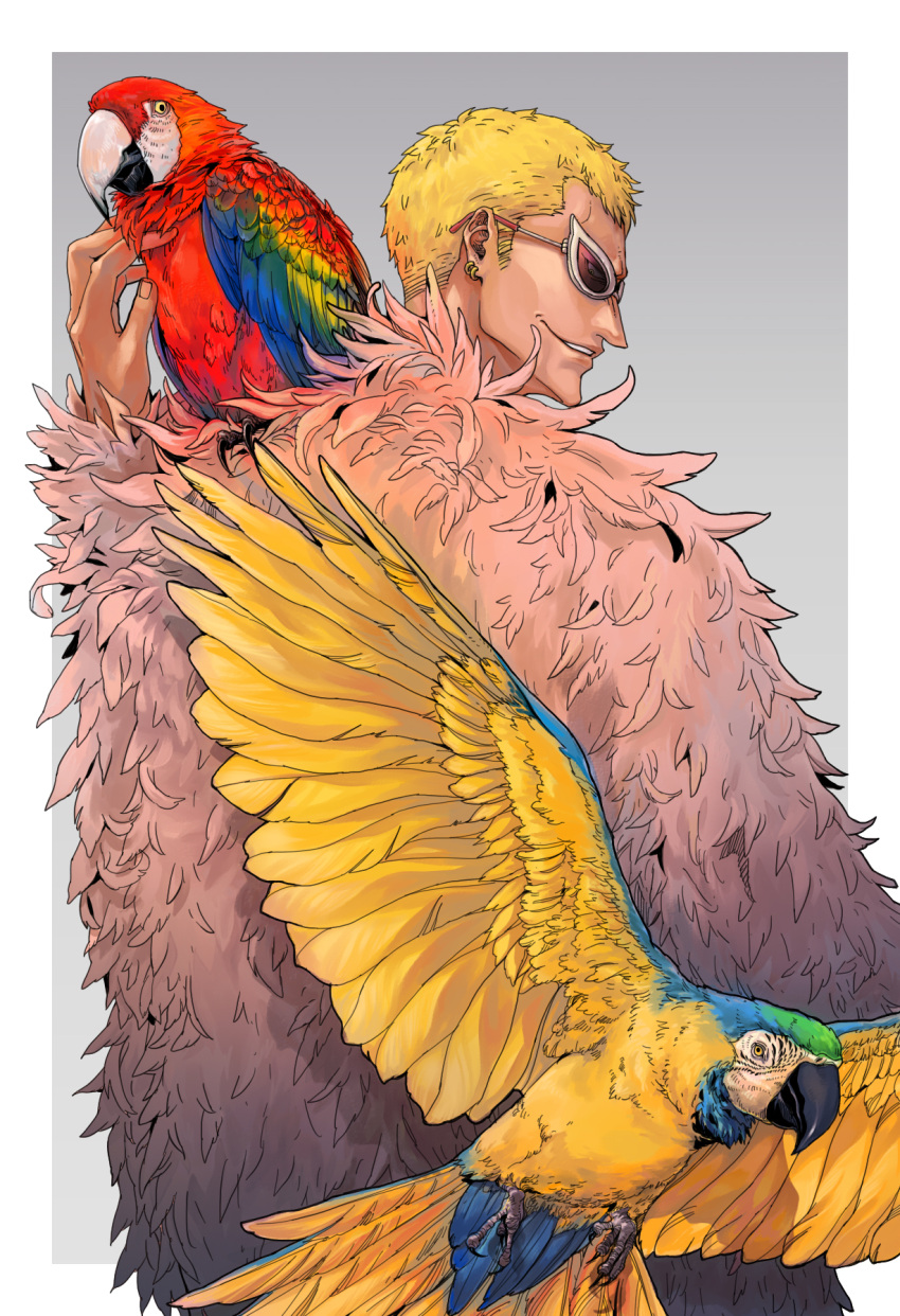 1boy animal_on_shoulder bird bird_on_shoulder blonde_hair donquixote_doflamingo from_behind fur_coat grin hand_up highres killuaz1130 male_focus one_piece parrot pink_coat smile solo sunglasses wings