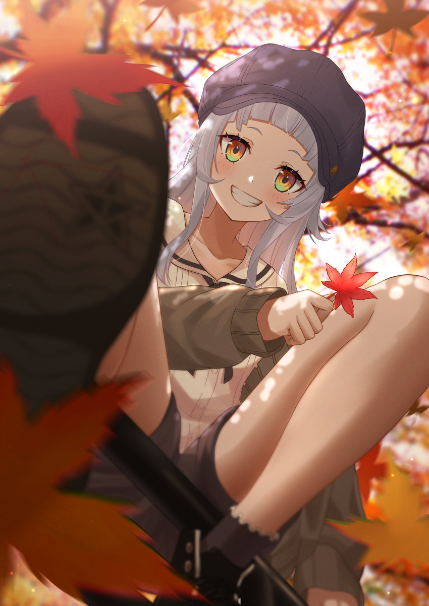 1girl :d absurdres autumn_leaves bangs bare_legs black_footwear black_headwear blush brown_eyes brown_jacket brown_legwear brown_shorts commentary_request from_below grin hat highres hololive jacket leaf long_hair long_sleeves looking_at_viewer looking_down maple_leaf murasaki_shion sailor_collar shima6644 shirt shoes short_eyebrows shorts silver_hair smile socks solo virtual_youtuber white_sailor_collar white_shirt