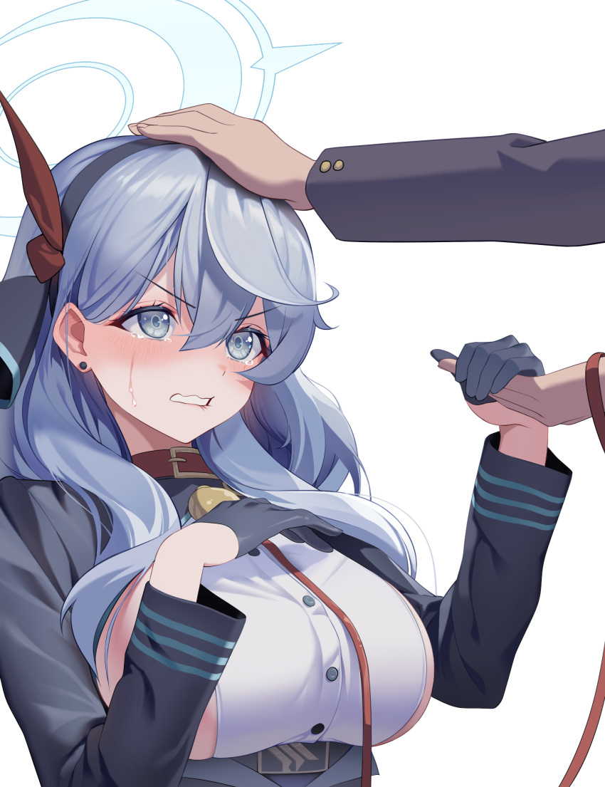1boy 1girl ako_(blue_archive) bangs black_gloves black_hairband black_jacket blue_archive blue_hair blush breasts collar crying eyebrows_visible_through_hair gloves hair_between_eyes hair_ribbon hairband halo headpat highres jacket large_breasts leash long_hair long_sleeves luts mixed-language_commentary ribbon sideboob simple_background solo_focus tears white_background
