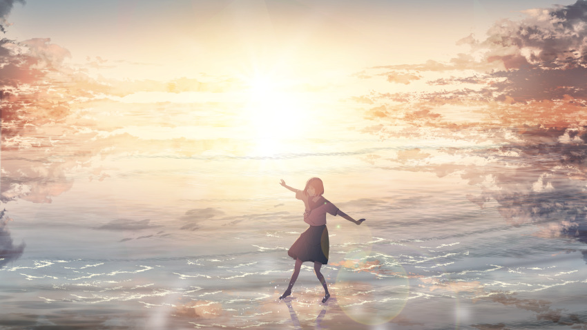 1girl absurdres clouds evening highres horizon ocean orange_sky original outdoors outstretched_arms pleated_skirt reflection reflective_water scenery school_uniform serafuku shion_08 short_hair skirt sky solo sun sunset twilight