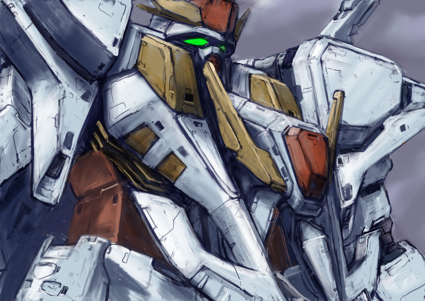 absurdres azuki_nao clouds cloudy_sky green_eyes gundam gundam_hathaway's_flash highres looking_up mecha mobile_suit no_humans science_fiction sky solo upper_body v-fin xi_gundam