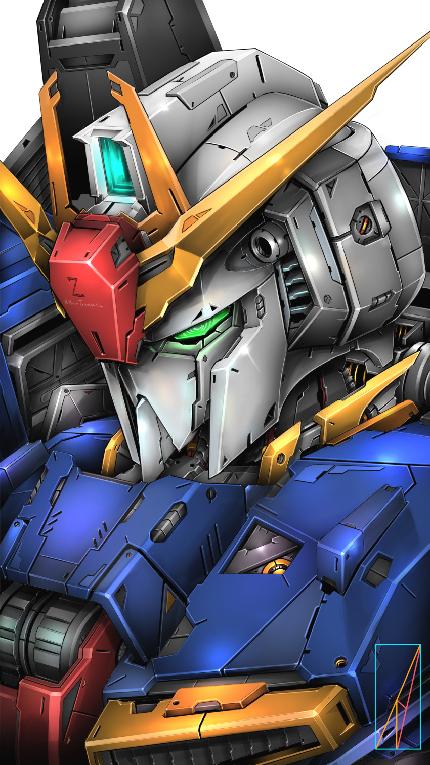 absurdres denjyou23 glowing glowing_eye green_eyes gundam highres looking_down mecha mobile_suit no_humans portrait science_fiction solo v-fin white_background zeta_gundam zeta_gundam_(mobile_suit)