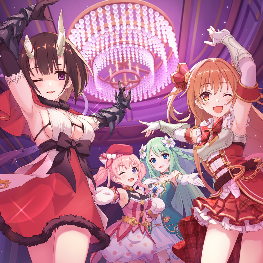 4girls aqua_hair armpits artist_request bangs blush brown_hair chandelier chika_(princess_connect!) dress eriko_(princess_connect!) highres looking_at_viewer multiple_girls nozomi_(princess_connect!) official_art one_eye_closed open_mouth orange_hair pink_hair princess_connect! tsumugi_(princess_connect!) twintails