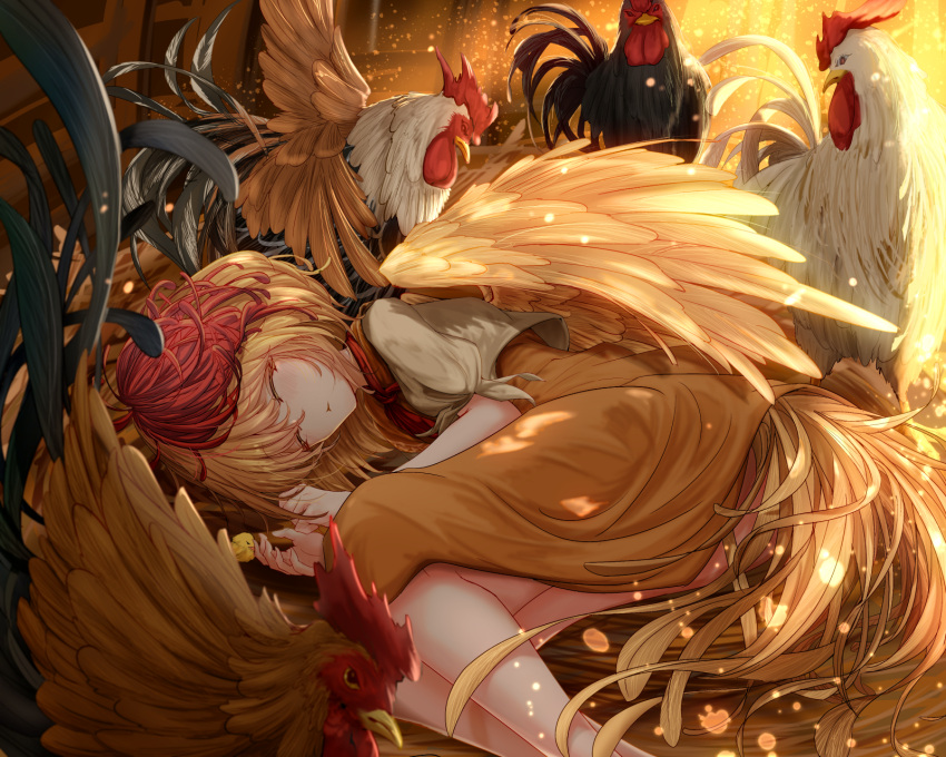 1girl animal animal_on_shoulder beak besuteia bird bird_tail bird_wings blonde_hair bow bowtie breasts brooch brown_dress chick chicken claws closed_eyes dress facing_viewer feathered_wings highres jewelry light_particles lying medium_breasts medium_hair multicolored_hair niwatari_kutaka on_side orange_dress parted_lips puffy_short_sleeves puffy_sleeves red_bow red_bowtie red_neckwear redhead short_sleeves sidelighting simple_background sleeping smile solo tail tail_feathers talons teeth touhou two-tone_hair upper_body vest white_background white_vest wings