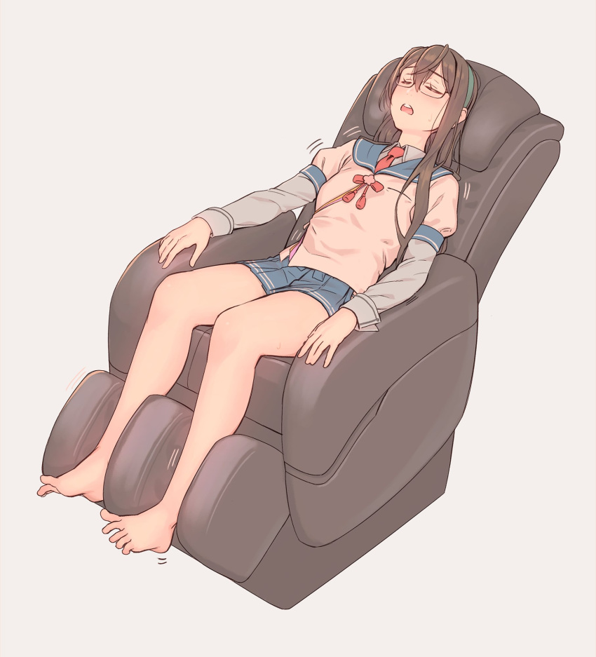 1girl bangs bare_legs barefoot black_hair blush breasts breath closed_eyes commentary_request full_body glasses hairband heavy_breathing highres kantai_collection legs long_hair long_sleeves lying massage_chair ooyodo_(kancolle) open_mouth puffy_sleeves semi-rimless_eyewear shaking simple_background small_breasts solo torogao under-rim_eyewear yuuji_(and)