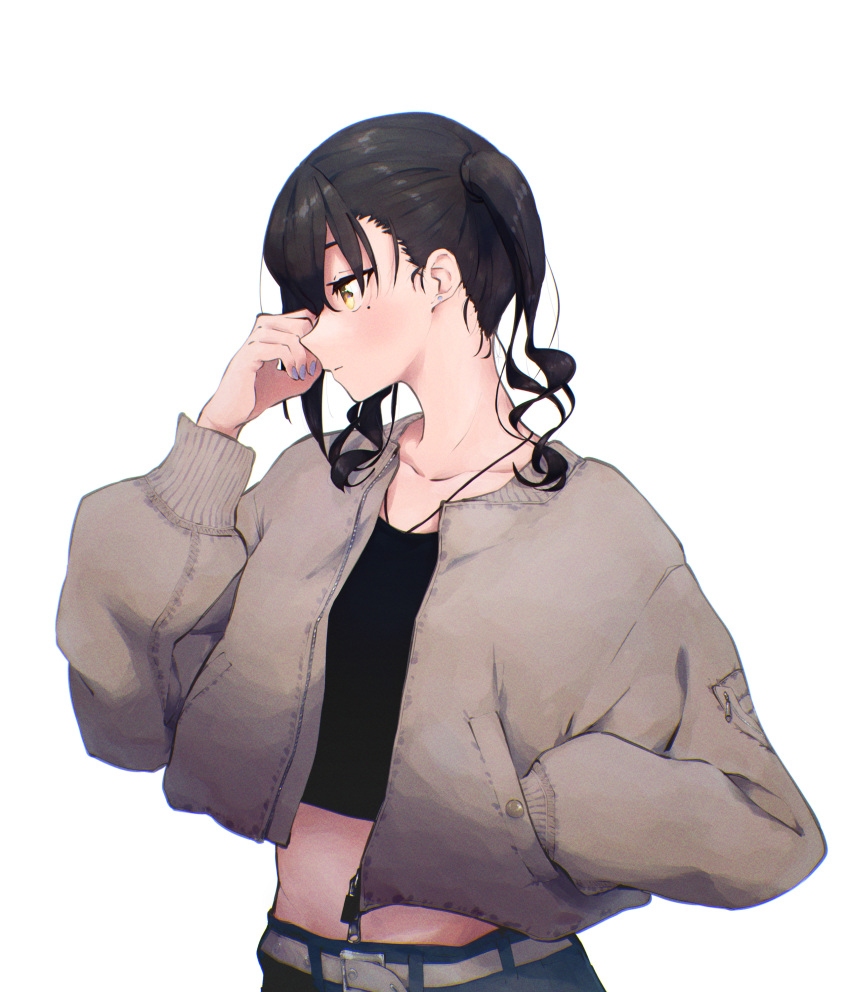 1girl absurdres alternate_costume black_hair black_tank_top blush bomber_jacket brown_jacket collarbone crop_top hand_in_pocket highres idolmaster idolmaster_cinderella_girls jacket looking_afar midriff mole mole_under_eye nail_polish nape profile sanpo_(sanpo_1027) simple_background solo sunazuka_akira tank_top twintails upper_body wavy_hair white_background yellow_eyes