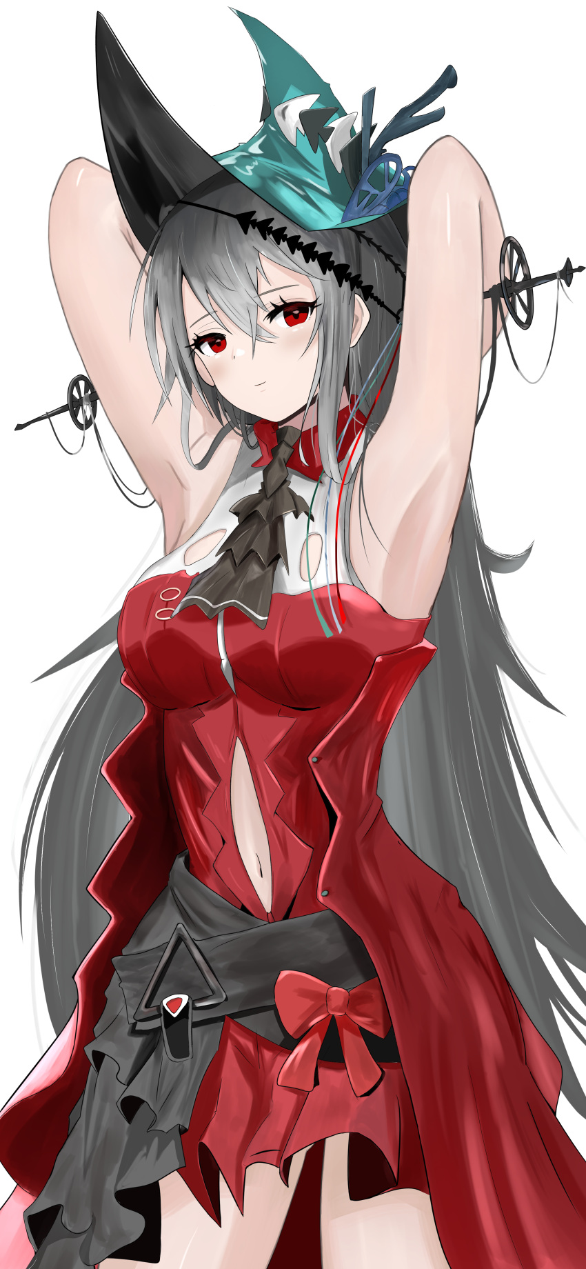1girl absurdres arknights armpits arms_up bangs black_sash blue_headwear breasts clothing_cutout commentary_request cowboy_shot dress hair_between_eyes highres long_hair looking_at_viewer medium_breasts navel navel_cutout red_dress red_eyes sash silver_hair simple_background skadi_(arknights) skadi_the_corrupting_heart_(arknights) sleeveless sleeveless_dress solo sora_mame_(princess_0sora) standing very_long_hair white_background