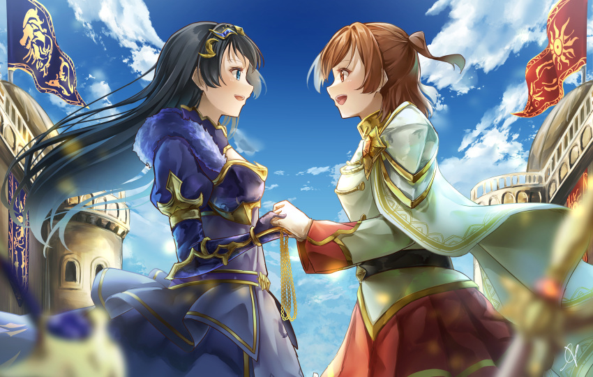 2girls :d absurdres aijou_karen aoi_hane armor artist_name bangs belt belt_buckle black_belt black_hair blue_belt blue_dress blue_eyes blue_gloves blue_sky blurry blurry_foreground brown_eyes brown_hair buckle building buttons cape castle chain clouds commentary_request cowboy_shot day dress eye_contact flag floating_cape floating_hair from_side gloves gold_chain gold_trim highres holding_hands jacket juliet_sleeves kagura_hikari long_hair long_sleeves looking_at_another military military_uniform multiple_girls official_alternate_costume one_side_up open_mouth outdoors pauldrons pleated_skirt profile puffy_sleeves red_skirt short_hair shoujo_kageki_revue_starlight shoujo_kageki_revue_starlight_-re_live- shoulder_armor signature single_stripe skirt sky sleeve_cuffs smile standing striped striped_skirt sword teeth tiara uniform upper_teeth vambraces weapon white_cape white_gloves white_jacket