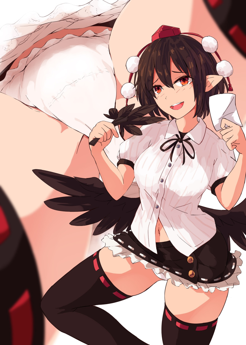 1girl :d alternate_legwear bangs bird_wings black_bow black_bowtie black_hair black_legwear black_skirt black_wings blush bow bowtie breasts buttons collared_shirt commentary_request earrings feathered_wings feathers feet_out_of_frame from_below geta hand_fan hands_up hat hauchiwa highres holding holding_fan jewelry kagami_toufu large_breasts looking_at_viewer looking_down microskirt navel open_mouth panties pantyshot pointy_ears puffy_short_sleeves puffy_sleeves red_eyes red_footwear red_headwear red_nails ribbon-trimmed_legwear ribbon_trim shameimaru_aya shirt short_hair short_sleeves simple_background sitting skirt smile socks solo stomach stud_earrings swept_bangs tassel tengu-geta thigh-highs thighs tokin_hat touhou underwear white_background white_shirt wing_collar wings